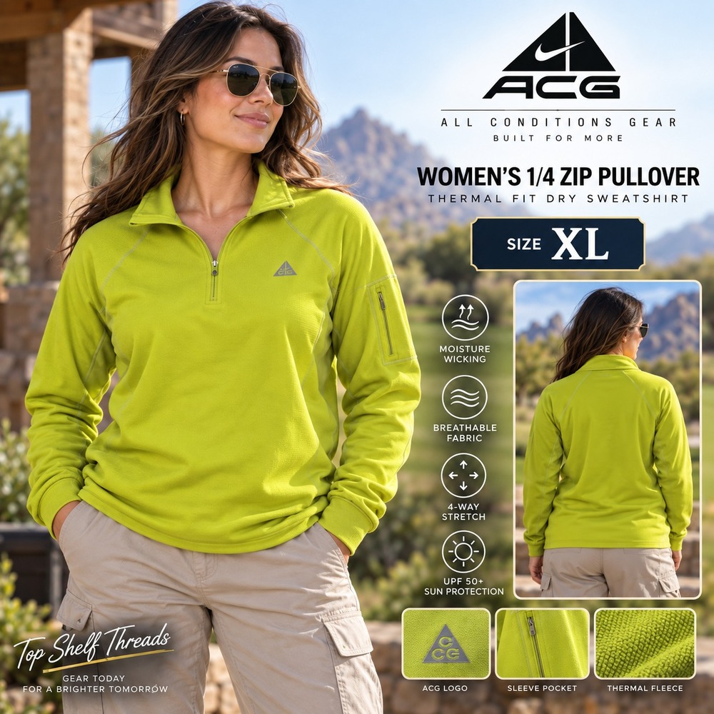 Nike ACG Women XL Lime Green NikeFIT Dry Quarter Zip Pullover Hiking Trail Shirt
